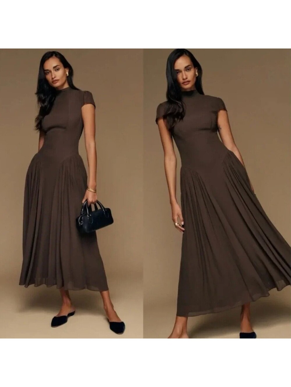 Reformation Maven Midi Dress Mole Brown Mock Neck Puff Sleeve Size 4 NWT